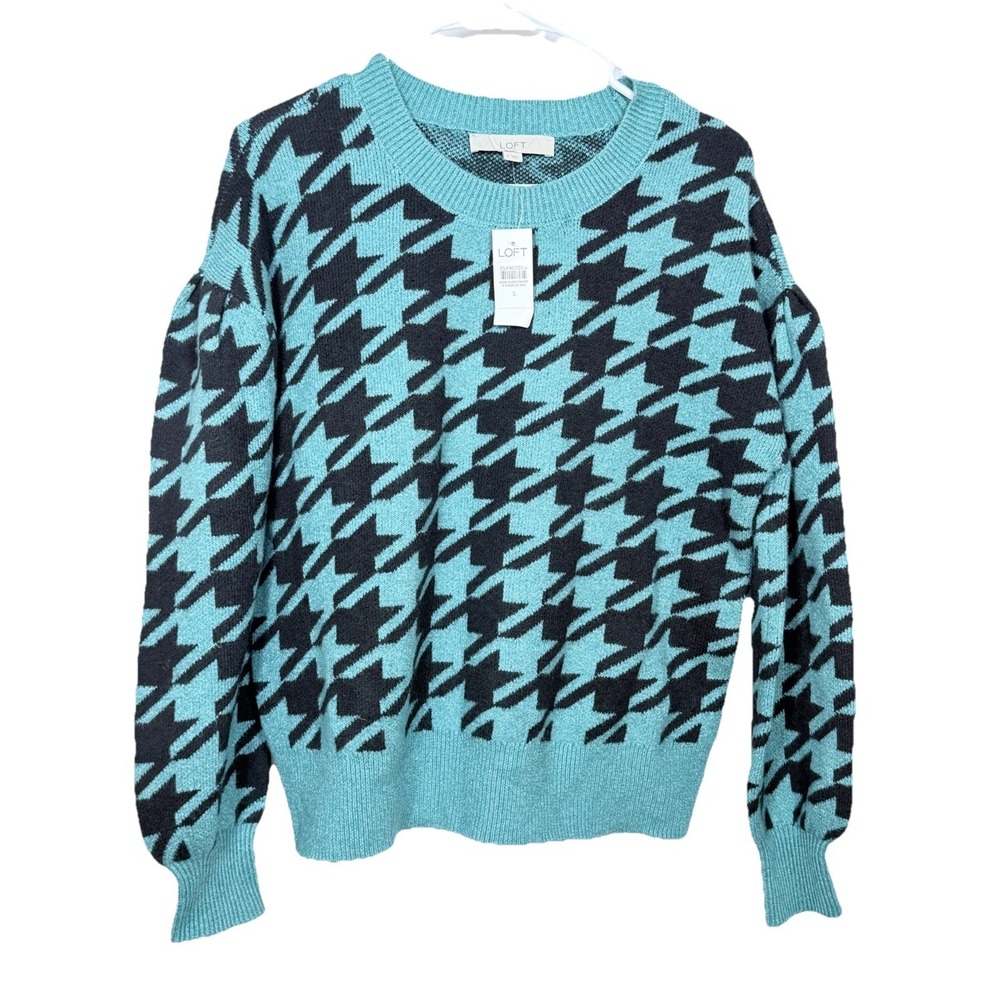 LOFT Houndstooth Sweater Womens‎ Small Blue Black Puff Sleeve Knit Preppy